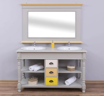 Set mobilier baie lemn masiv, masca de lavoar dubla + oglinda, 150 x 54 x 90 cm