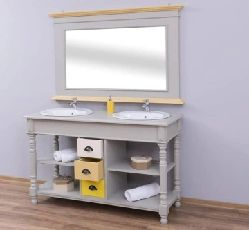 Set mobilier baie lemn masiv, masca de lavoar dubla + oglinda, 150 x 54 x 90 cm - Img 2