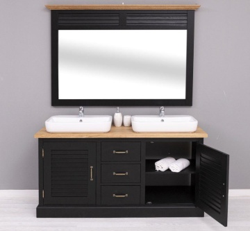 Set mobilier baie lemn masiv Ohanna negru, masca de baie dubla + oglinda, blat stejar masiv, 150 x 51 x 75 cm - Img 4