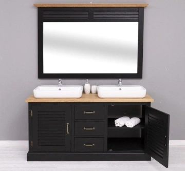 Set mobilier baie lemn masiv Ohanna negru, masca de baie dubla + oglinda, blat stejar masiv, 150 x 51 x 75 cm - Img 4