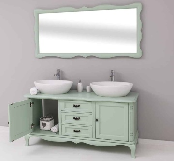 Set Mobilier de Baie Lemn Masiv Shabby Rustic, Oglinda + Masca 2 lavoare, 2 usi si 3 sertare - Img 6