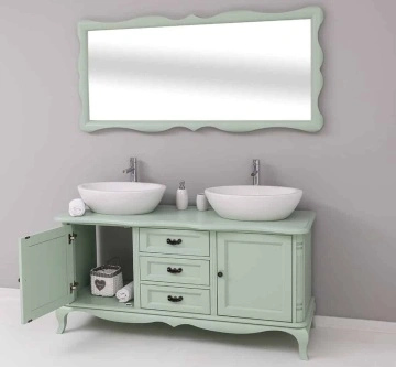 Set Mobilier de Baie Lemn Masiv Shabby Rustic, Oglinda + Masca 2 lavoare, 2 usi si 3 sertare - Img 6