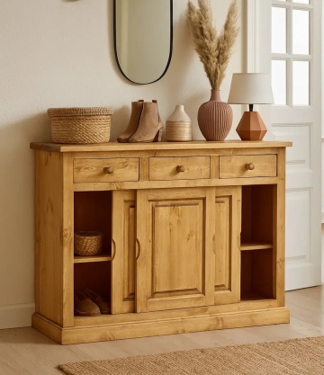 Comoda pantofi Apuseni lemn masiv, 3 usi culisante si 3 sertare, 142 x 47 x 102 cm