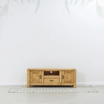 Comoda TV 2 usi, 1 sertar si nisa Ecuador, Lemn masiv rustic, 140 x 50 x 52 cm - Img 4