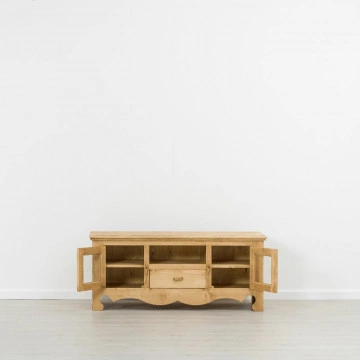 Comoda TV Cabana cu 2 usi si 1 sertar si nisa, Lemn masiv rustic, 140 x 50 x 60 cm - Img 4