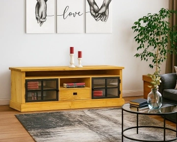 Comoda TV lemn masiv Industrial Wood, 2 usi si 1 sertar, 160 x 40 x 60 cm