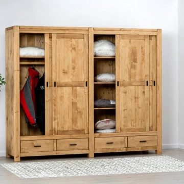 Dulap 4 usi culisante si 4 sertare Ecuador, Lemn masiv rustic, 242 x 55 x 200 cm