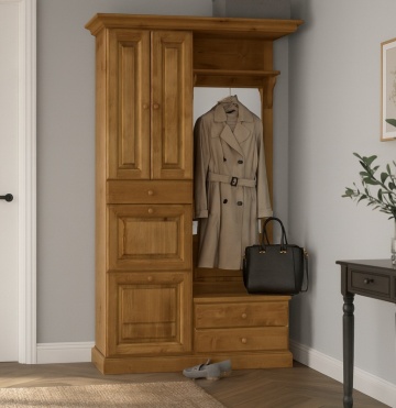 Dulap hol cu oglinda si pantofar Apuseni, lemn masiv, 130 x 40 x 209 cm