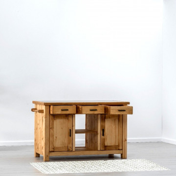 Insula de bucatarie Ecuador cu doua fete, 4 usi si 3 sertare, Lemn masiv rustic, 134 x 62 x 85 cm - Img 3