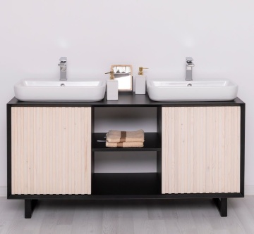 Mobilier de baie dublu lemn masiv Pianno cu 2 usi, 150 x 50 x 76 cm - Img 3