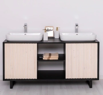 Mobilier de baie dublu lemn masiv Pianno cu 2 usi, 150 x 50 x 76 cm - Img 3