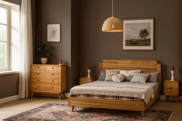 Set mobila dormitor lemn masiv Sahara, pat 140 x 200 cm, 2 noptiere si comoda, Lemn masiv rustic