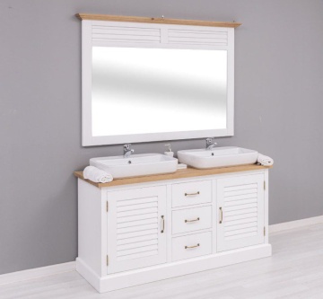 Set mobilier baie lemn masiv Ohanna alb, masca de baie dubla + oglinda, blat stejar masiv, 150 x 51 x 75 cm - Img 2