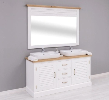 Set mobilier baie lemn masiv Ohanna alb, masca de baie dubla + oglinda, blat stejar masiv, 150 x 51 x 75 cm - Img 2