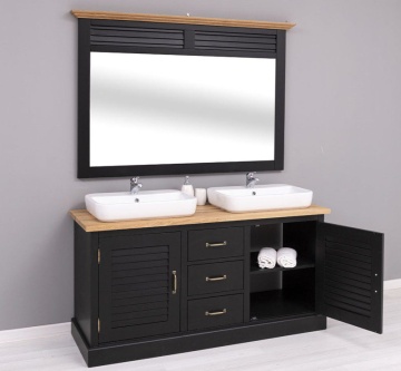 Set mobilier baie lemn masiv Ohanna negru, masca de baie dubla + oglinda, blat stejar masiv, 150 x 51 x 75 cm - Img 5