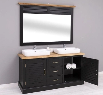 Set mobilier baie lemn masiv Ohanna negru, masca de baie dubla + oglinda, blat stejar masiv, 150 x 51 x 75 cm - Img 5