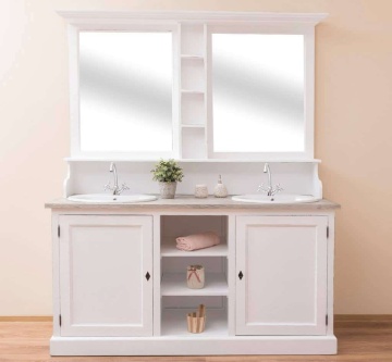 Set mobilier de baie lemn masiv, pentru 2 lavoare, 174 x 60 x 210 cm, triplu color - Img 1