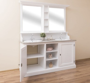 Set mobilier de baie lemn masiv, pentru 2 lavoare, 174 x 60 x 210 cm, triplu color - Img 7