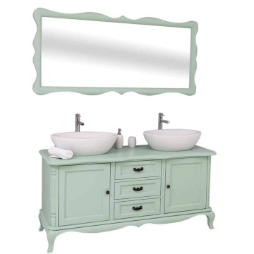 Set Mobilier de Baie Lemn Masiv Shabby Rustic, Oglinda + Masca 2 lavoare, 2 usi si 3 sertare - Img 7