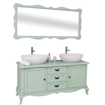 Set Mobilier de Baie Lemn Masiv Shabby Rustic, Oglinda + Masca 2 lavoare, 2 usi si 3 sertare - Img 7