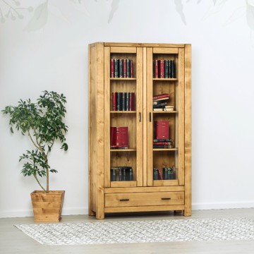 Vitrina Ecuador cu 2 usi si 1 sertar, Lemn masiv rustic, 110 x 40 x 195 cm - Img 1