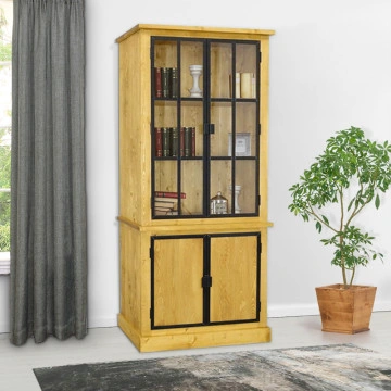 Biblioteca cu vitrina lemn masiv Industrial Wood, 100 x 45 x 203 cm