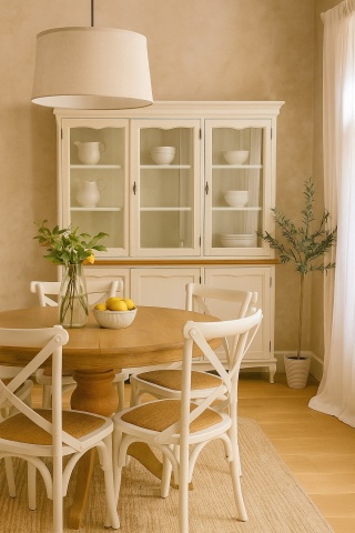 Bufet cu vitrina Toscana Charme 2 x 3 usi lemn masiv tei, alb unt + natur antik, 175 x 41 x 207 cm