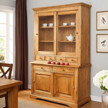 Bufet cu vitrina Toscana natur antik lemn masiv de tei, 142 x 50 x 225 cm - Img 6