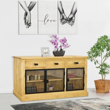 Bufet lemn masiv Industrial Wood 3 usi sticla si 3 sertare, 156 x 50 x 90 cm
