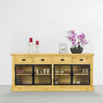 Bufet lemn masiv Industrial Wood, 4 usi sticla si 4 sertare, 200 x 50 x 90 cm - Img 2