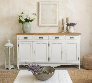 Bufet Toscana Charme cu 4 usi si 4 sertare lemn masiv tei, alb unt + natur antik, 170 x 42 x 92 cm