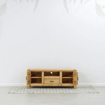 Comoda TV 2 usi, 1 sertar si nisa Ecuador, Lemn masiv rustic, 140 x 50 x 52 cm - Img 2