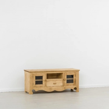 Comoda TV Cabana cu 2 usi si 1 sertar si nisa, Lemn masiv rustic, 140 x 50 x 60 cm - Img 5