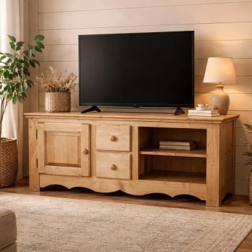 Comoda TV Rustic Cabana lemn masiv, 1 usa si 2 sertare, 150 x 50 x 60 cm