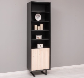 Etajera Dulapior Pianno, 1 usa si 4 rafturi, lemn masiv + mdf negru, 57 x 40 x 200 cm