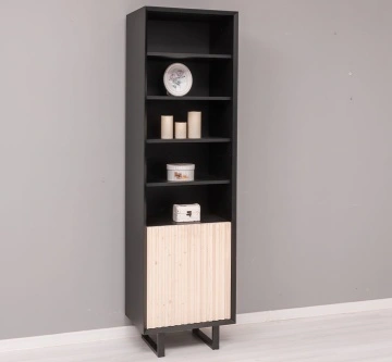 Etajera Dulapior Pianno, 1 usa si 4 rafturi, lemn masiv + mdf negru, 57 x 40 x 200 cm