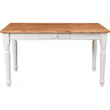 Masa Toscana fixa cu 1 sertar lemn masiv tei, alb unt + natur antik, 140 x 80 x 80 cm - Img 3