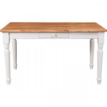 Masa Toscana fixa cu 1 sertar lemn masiv tei, alb unt + natur antik, 140 x 80 x 80 cm - Img 3