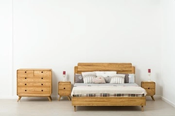 Set mobila dormitor lemn masiv Sahara, pat 140 x 200 cm, 2 noptiere si comoda, Lemn masiv rustic - Img 2