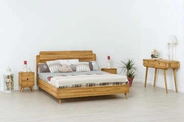 Set mobila dormitor lemn masiv Sahara, pat 140 x 200 cm, 2 noptiere si consola, Lemn masiv rustic