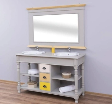 Set mobilier baie lemn masiv, masca de lavoar dubla + oglinda, 150 x 54 x 90 cm - Img 4