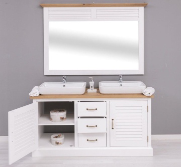 Set mobilier baie lemn masiv Ohanna alb, masca de baie dubla + oglinda, blat stejar masiv, 150 x 51 x 75 cm - Img 3
