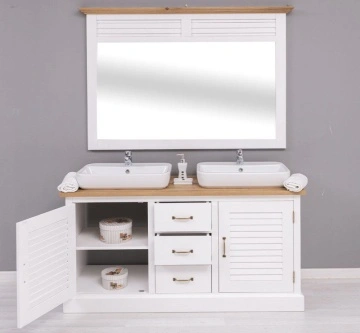 Set mobilier baie lemn masiv Ohanna alb, masca de baie dubla + oglinda, blat stejar masiv, 150 x 51 x 75 cm - Img 3