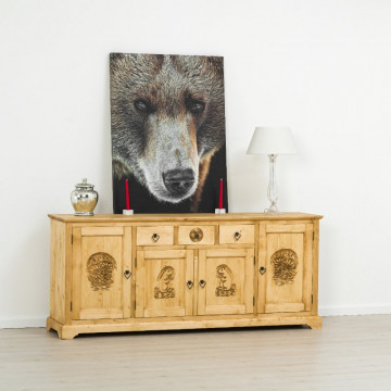 Bufet 4 usi si 3 sertare Ursul Carpatin, Lemn masiv rustic, 200 x 46 x 85 cm - Img 1
