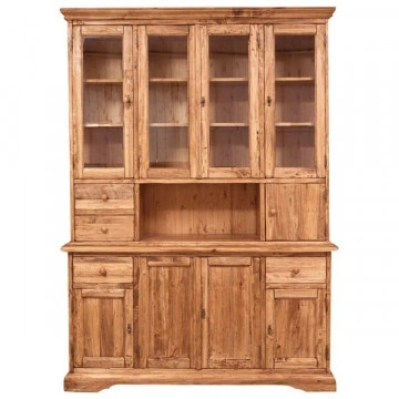 Bufet cu vitrina Toscana natur antik lemn masiv de tei, 156 x 50 x 200 cm