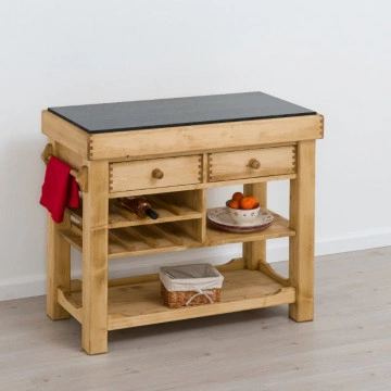 Insula de bucatarie Cabana 2 sertare si etajere, lemn masiv rustic, 106 x 50 x 85 cm - Img 2