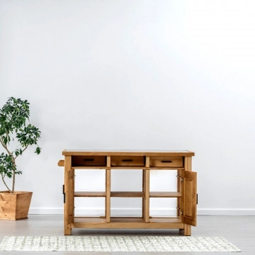 Insula de bucatarie Ecuador cu doua fete, 4 usi si 3 sertare, Lemn masiv rustic, 134 x 62 x 85 cm - Img 5