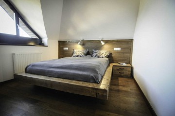 Pat lemn masiv pin model Caledon, grinzi solide rustice, 140 cm, 160 cm, 180 cm, 200 x 200 cm - Img 6