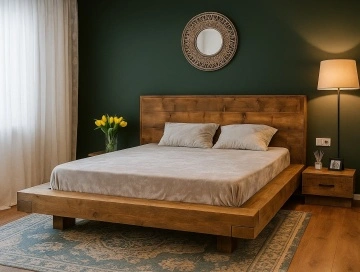 Pat lemn masiv pin model Pireus, grinzi solide rustice, 140 cm, 160 cm, 180 cm sau 200 x 200 cm