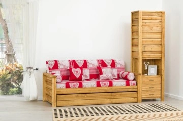 Set mobila living lemn masiv rustic Colibri, canapea tapitata si dulap
